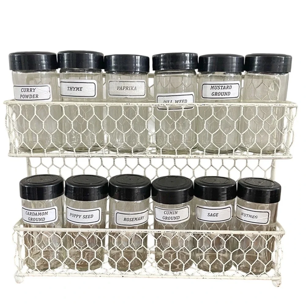Vtg Metal Wire Basket‎ Wall Mount 12 Spice Rack Cottage Storage Farmhouse Boho